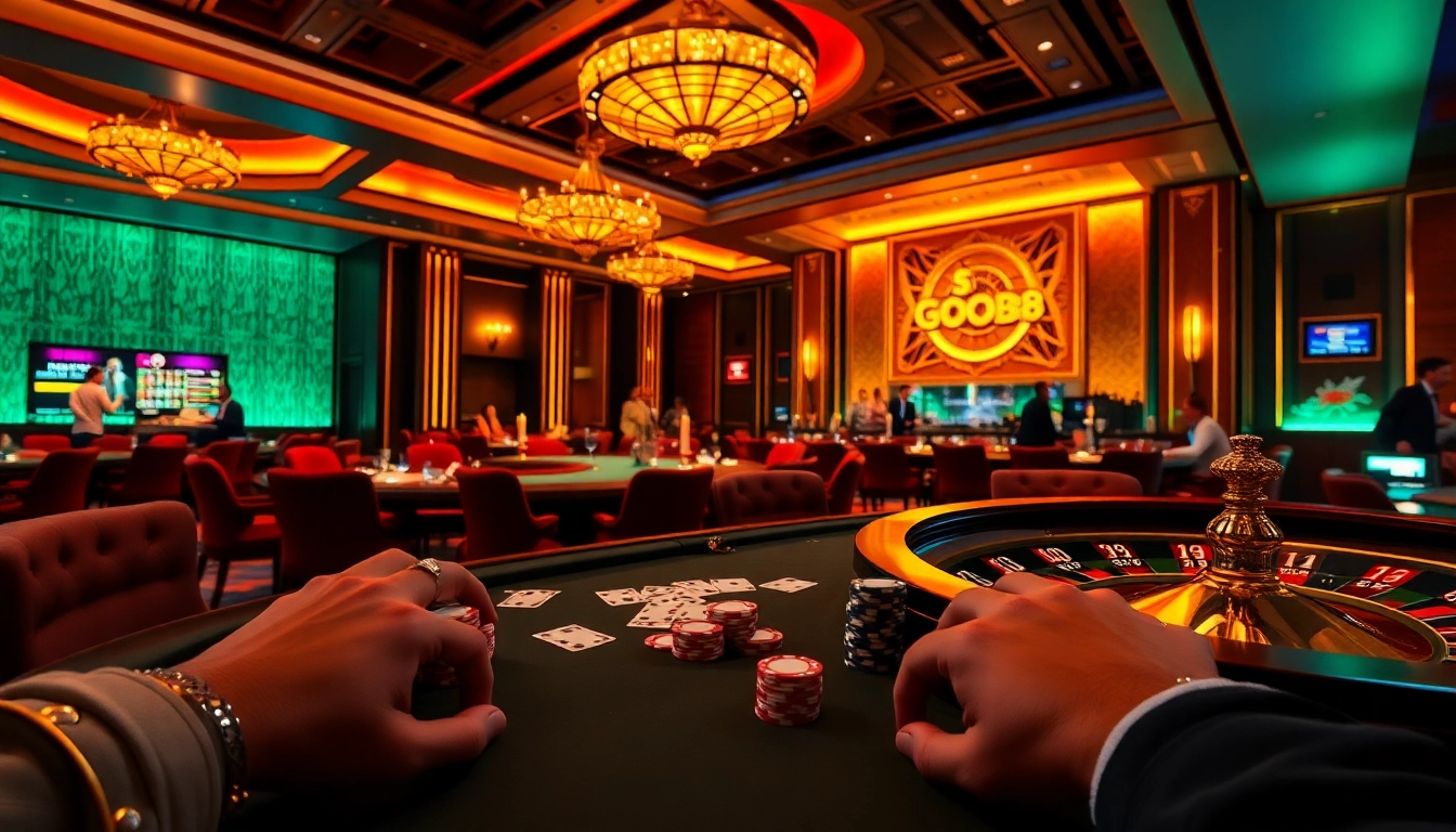Experience the thrilling atmosphere of Good88 with vibrant poker chips and a roulette wheel in a luxurious casino setting.
