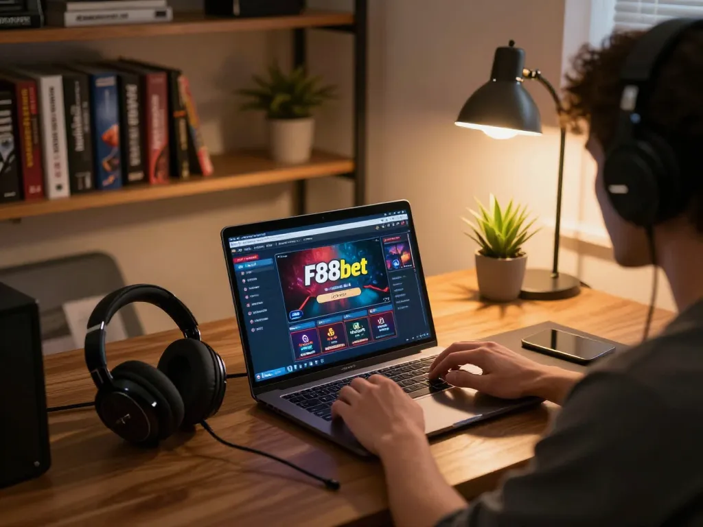 Engaging scene of a player utilizing F88bet's online platform on a sleek laptop, showcasing a thoughtful betting strategy.