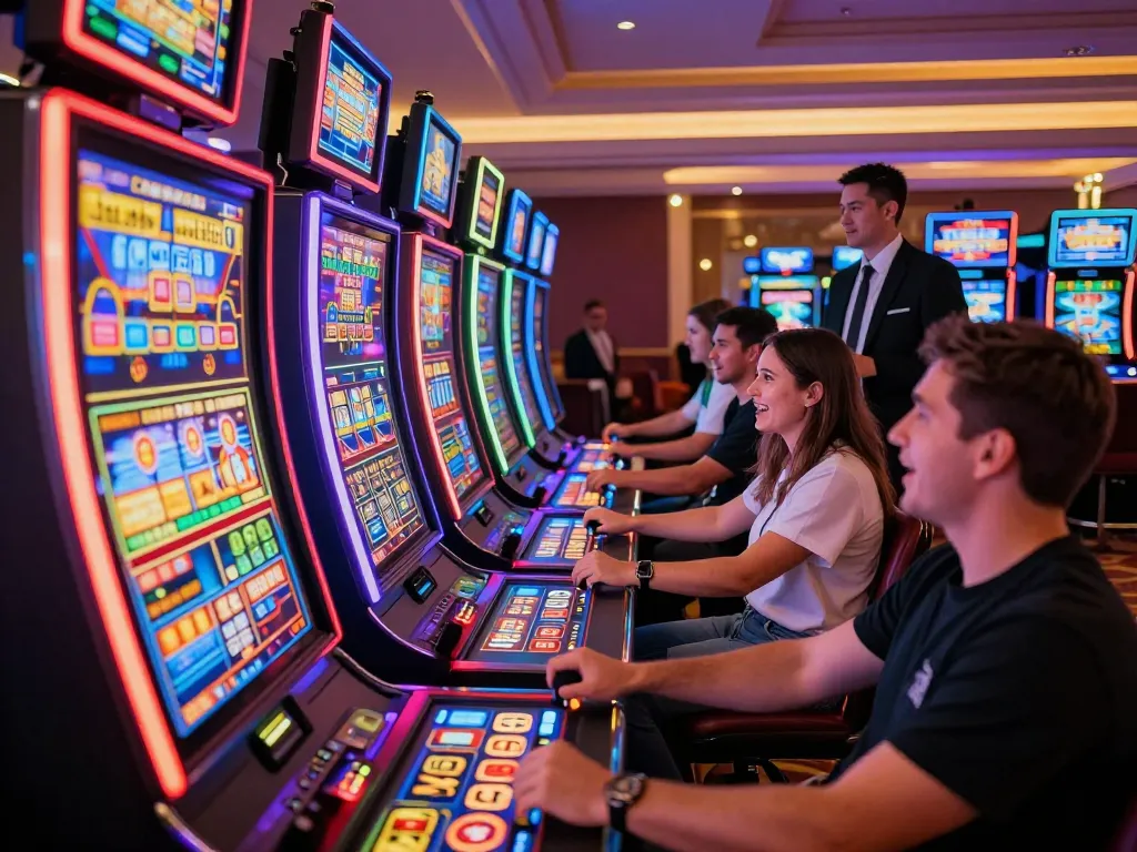 Players enjoying vibrant slot machines for a thrilling 789 win experience.