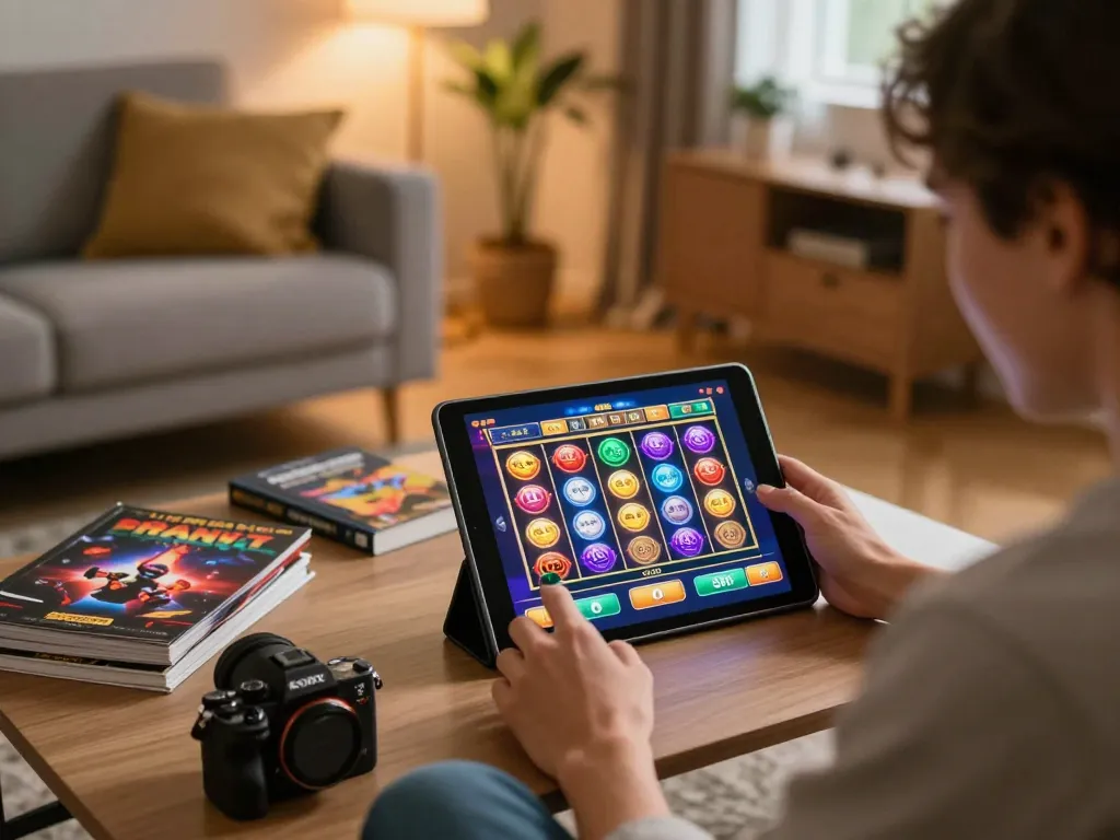Engaging in thrilling gameplay on vin88a's online casino app in a cozy home setting.
