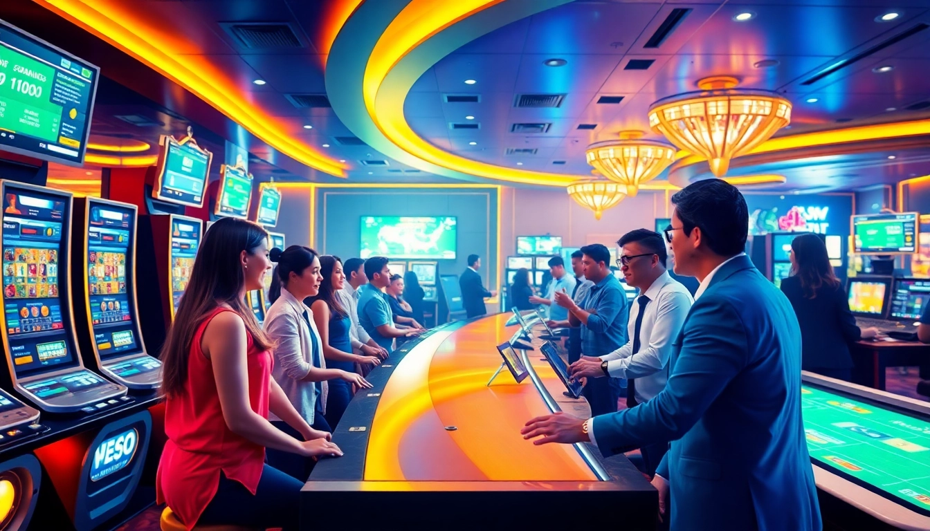 Exciting gaming scene at 555win com featuring diverse players engaging with modern casino technology.