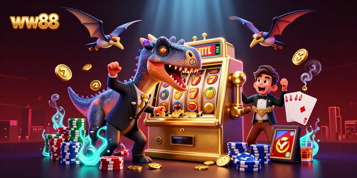 ww88 celebrates with a pachycephalosaurus jackpot, showcasing vibrant casino elements and excitement.