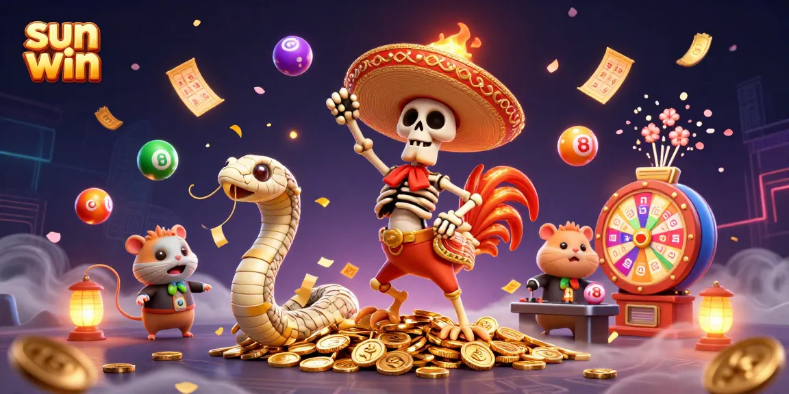 Join the fun at sun win with vibrant lottery elements and cheerful characters in an exciting casino scene.