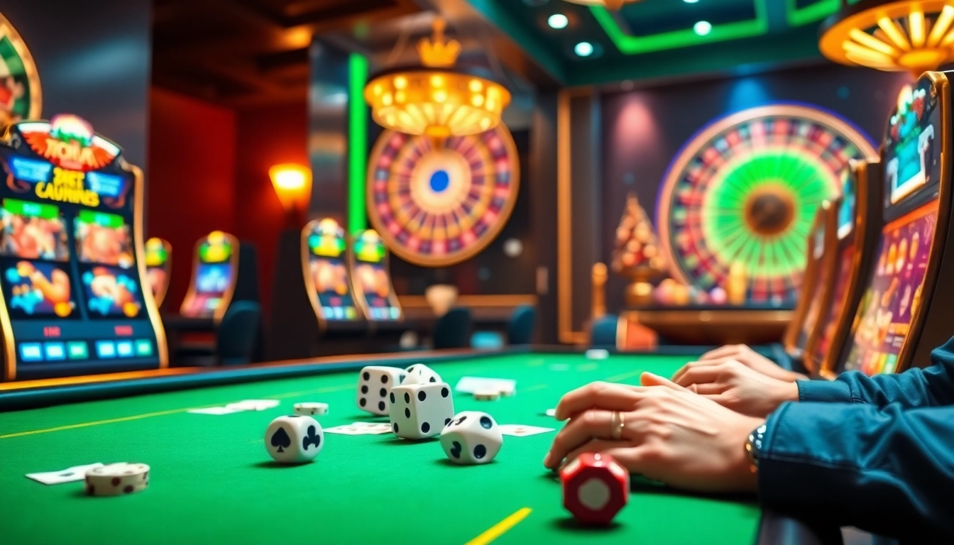 Experience Raja Luck with vibrant casino elements, including spinning roulette and dynamic slot machines.