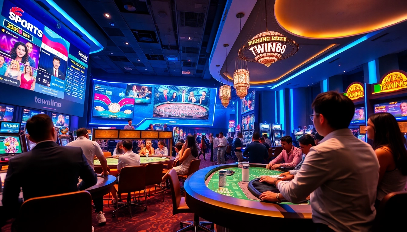 Exciting gaming atmosphere at trang chủ Twin68 featuring diverse players and engaging casino tables.
