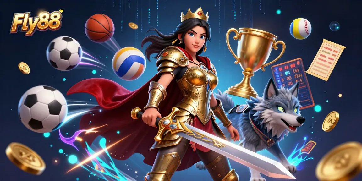 Experience the excitement of Fly88 with a fierce warrior queen and her glowing wolf companion amidst dynamic sports elements and golden treasures.