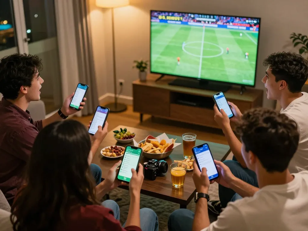 Tỷ lệ kèo nhà cái 5 featured in an exciting home sports betting night with friends engaged in real-time wagering activities.