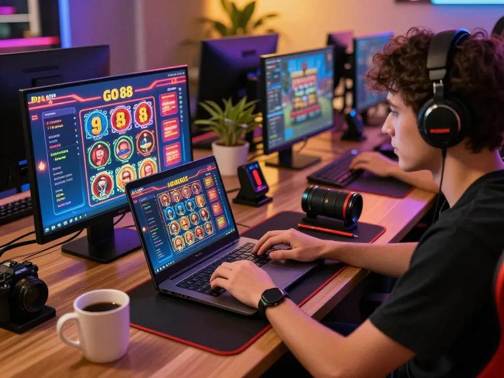 Engaging in strategic online betting with go 88 casino on laptop, showcasing vibrant gaming interface.