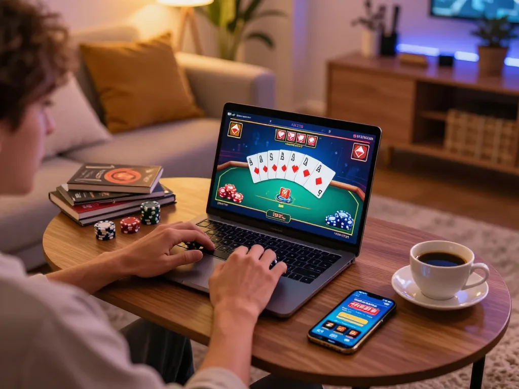 Person playing poker on a laptop showcasing mb668 online gaming environment with vibrant graphics and casino app.