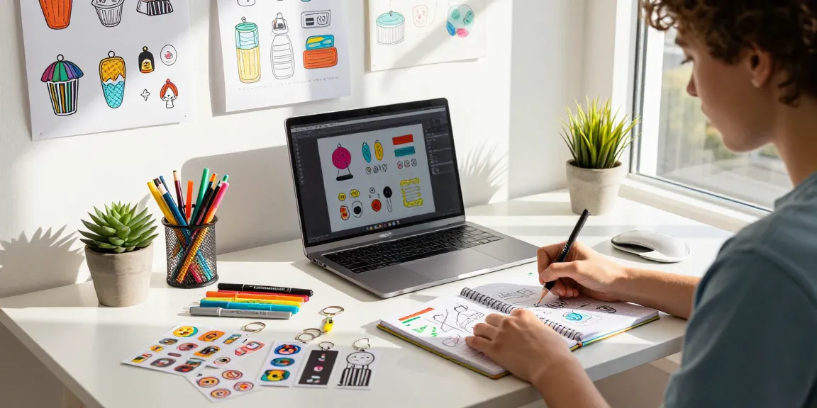 Young designer sketching in custom printed notebooks amid vibrant art supplies and merchandise samples, inspiring creative workspace.