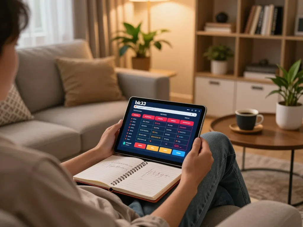 Engaging with bk33 online casino interface on tablet in a cozy home gaming setup.