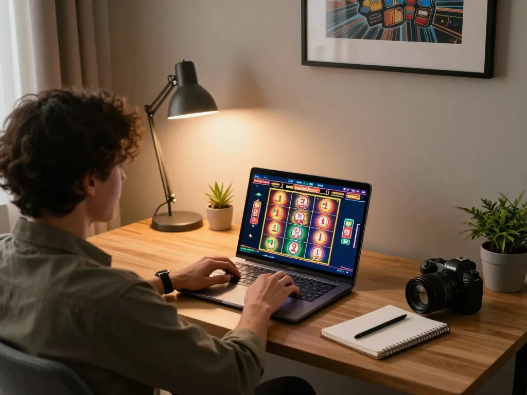 Playing slots online at https://hitclub.im/ from a cozy home office with engaging visuals and strategy notes.
