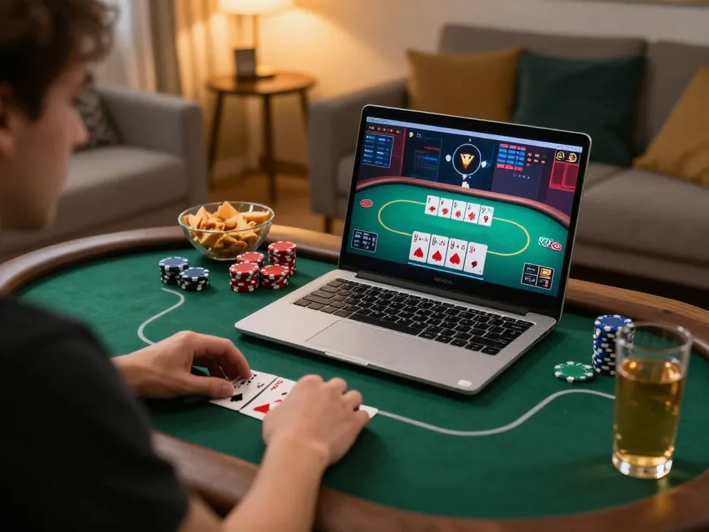 Engaged player using a laptop for online gaming experience at nhà cái 8KBET with poker tables on screen