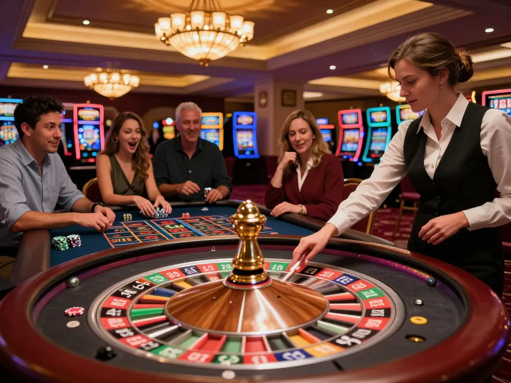 Players engaging in roulette at BL555 casino, focusing on the spinning wheel and lively atmosphere.
