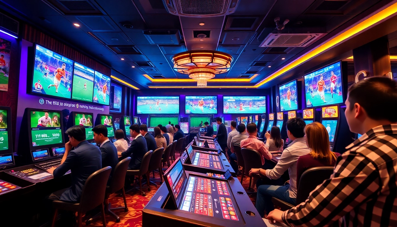 Betting on trực tiếp bóng đá hôm nay with excitement at a vibrant casino atmosphere.