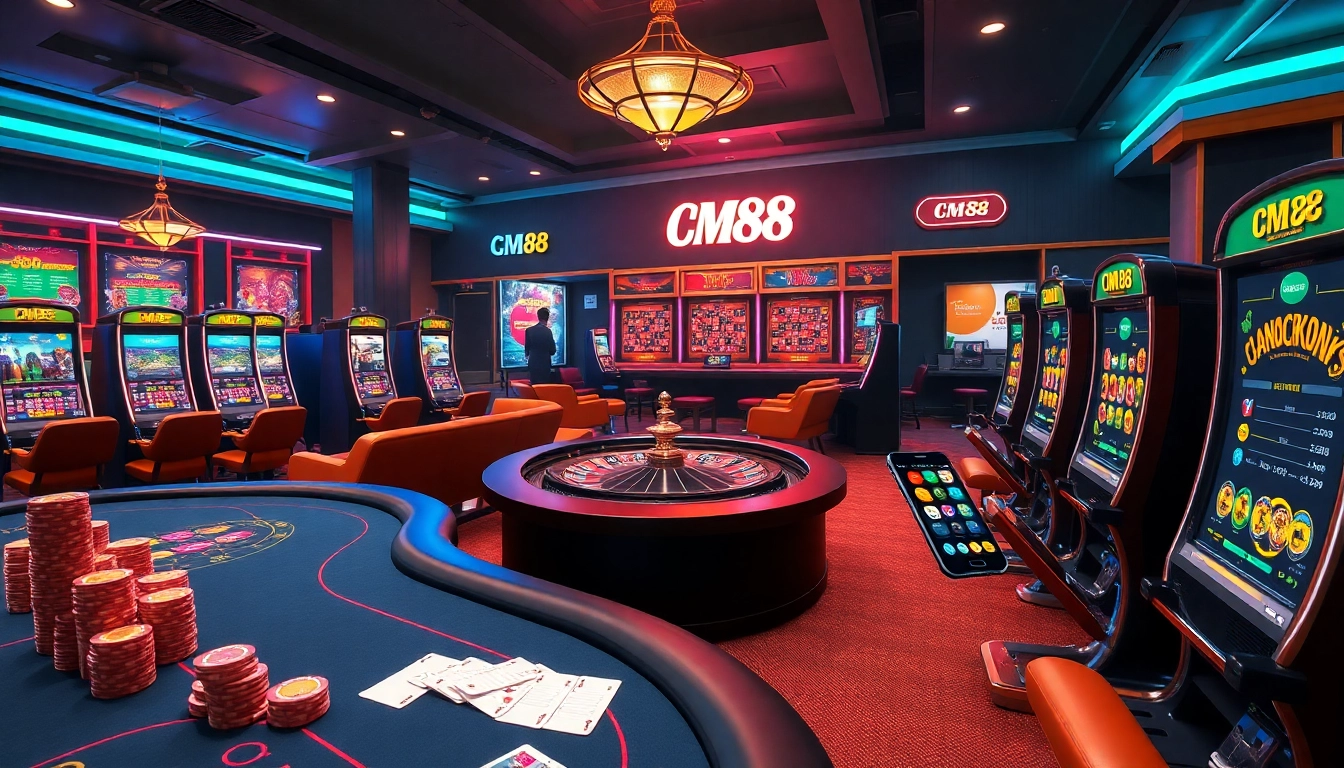 Experience the excitement of CM88 casino games with vibrant slot machines and poker tables.