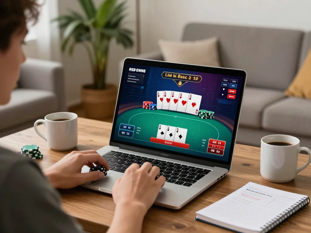 Engaging in a live game of poker at home with link 33win displayed on the screen, showcasing strategic betting.
