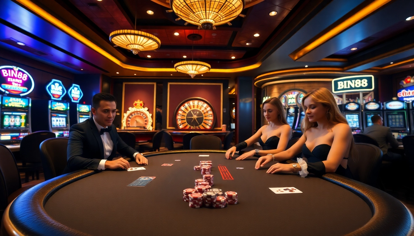 Experience the excitement of high-stakes poker at Bin88 casino, featuring luxurious decor and thrilling gameplay.