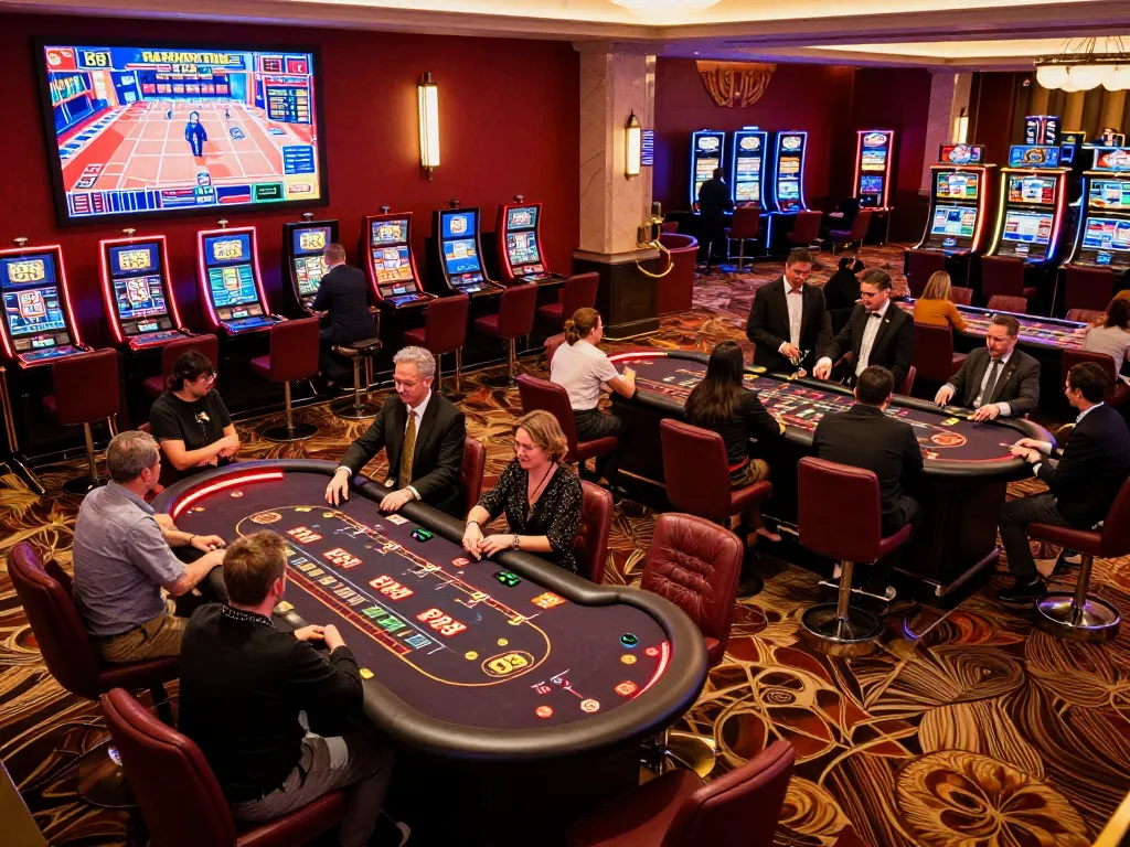 Players enjoying games at Red 88 themed casino area, vibrant atmosphere filled with dynamic energy.
