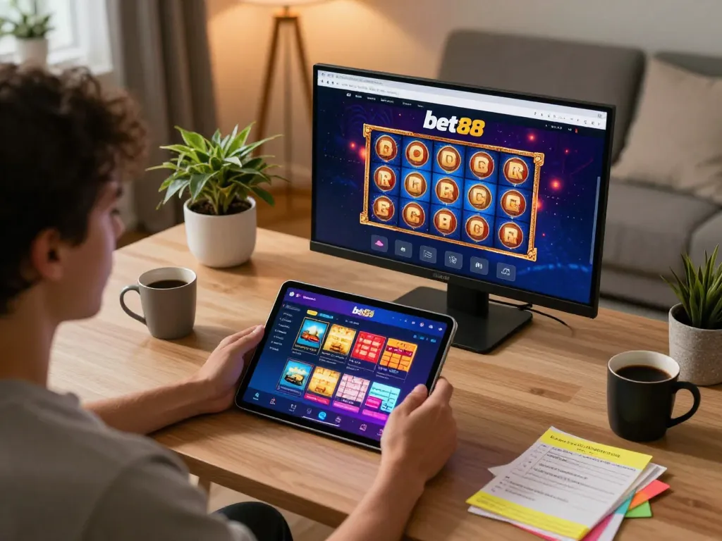 Engaging scene of a player enjoying bet88 online casino on tablet, showcasing vibrant game interface and cozy atmosphere.