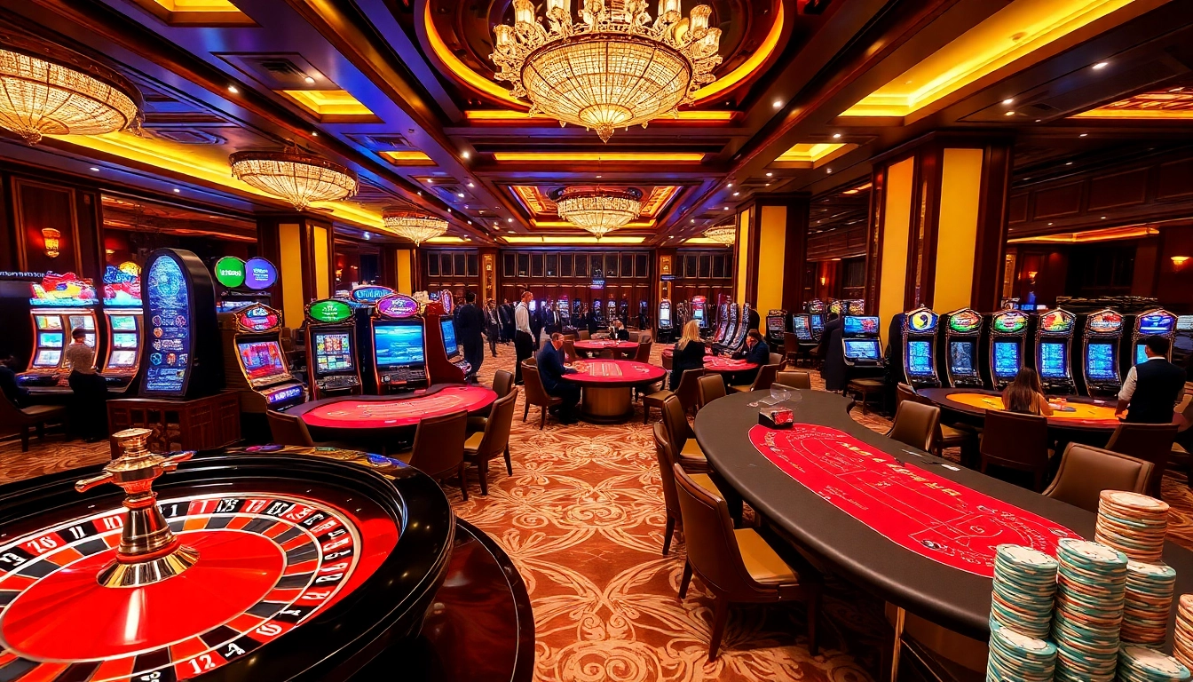 Experience thrilling gaming at Nhà Cái XIN88 with exciting casino tables and illuminated slot machines.