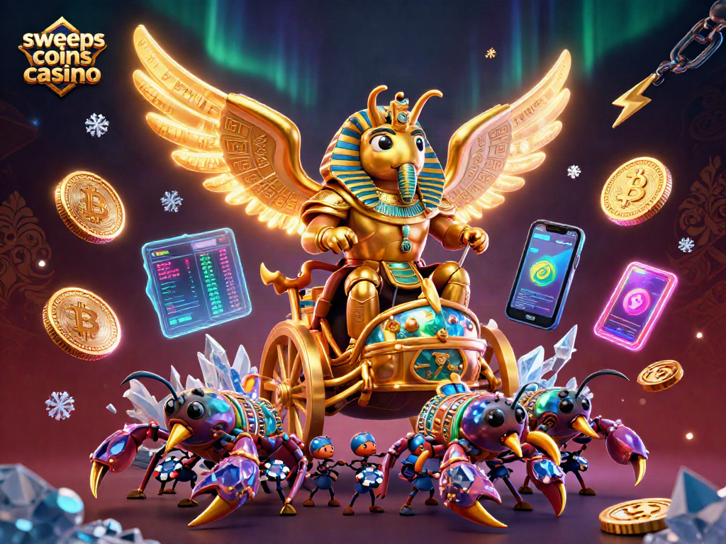 Engage in the sweeps coins casino adventure with a vibrant 3D scene of a golden scarab beetle and crypto elements.