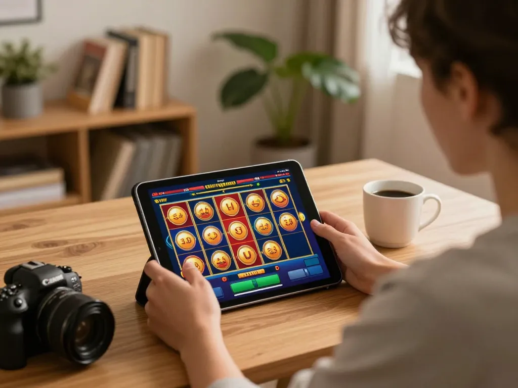 Player enjoying online slots on 78win tablet in a cozy home setup, emphasizing responsible gambling.