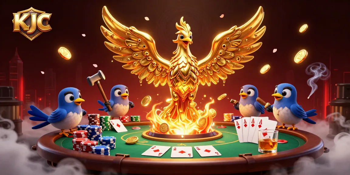 KJC unleashes a golden phoenix amidst poker chips and cards, highlighting thrilling gaming action.