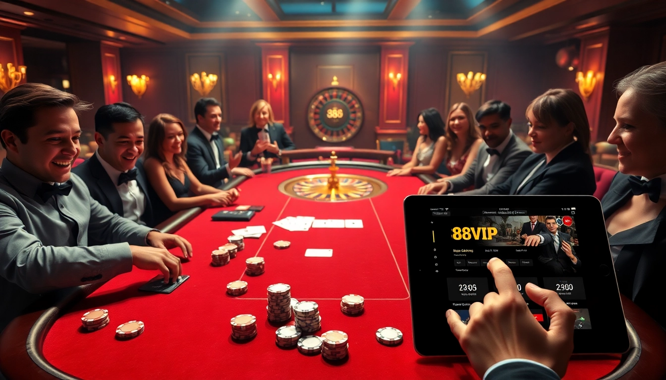 Excited players engaging in high-stakes poker at 68VIP casino table, reflecting thrilling gambling atmosphere.