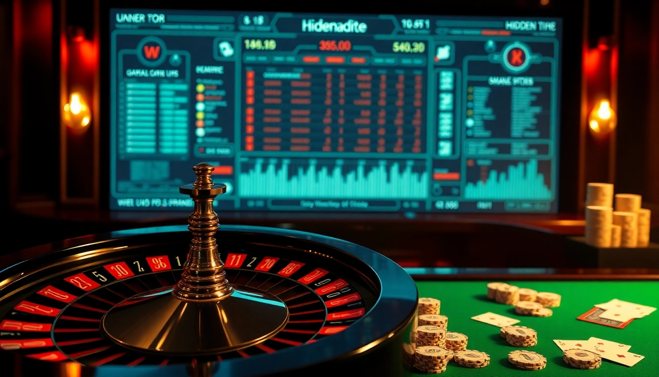 Engaging scene of a luxurious casino showcasing hidden wiki tor elements with gleaming roulette wheel and poker chips.