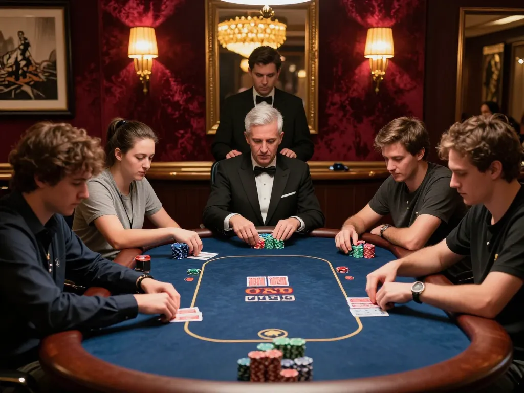 Duitgini players competing intensely in a luxurious poker room, showcasing strategic betting and high-stakes gameplay.