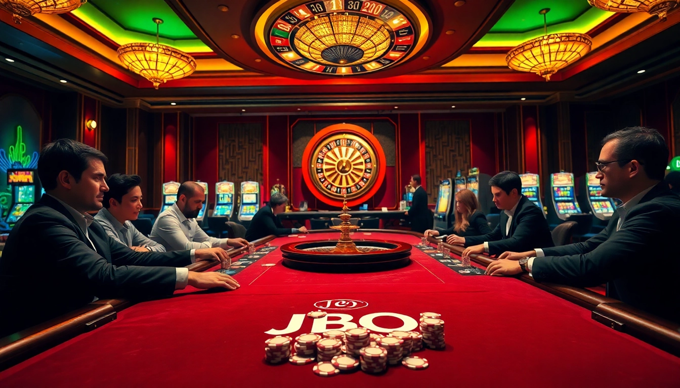 Engaging players at a high-stakes poker table featuring JBO branding and vibrant casino elements.