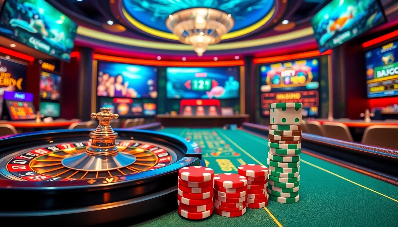 Engaging casino scene highlighting the excitement of https://icm88.com/ban-ca-cm88/ with vibrant roulette wheel and poker chips.