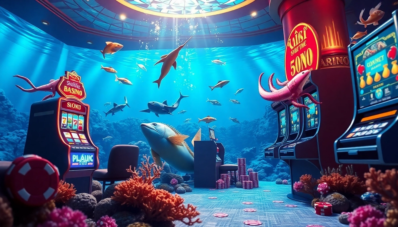 bắn cá đổi thưởng game scene with vibrant underwater visuals and casino elements.