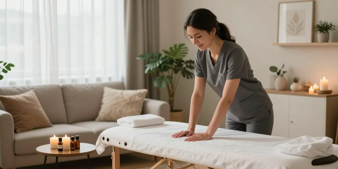 Professional massage therapist preparing for 인덕원출장마사지 session in a cozy home setting.