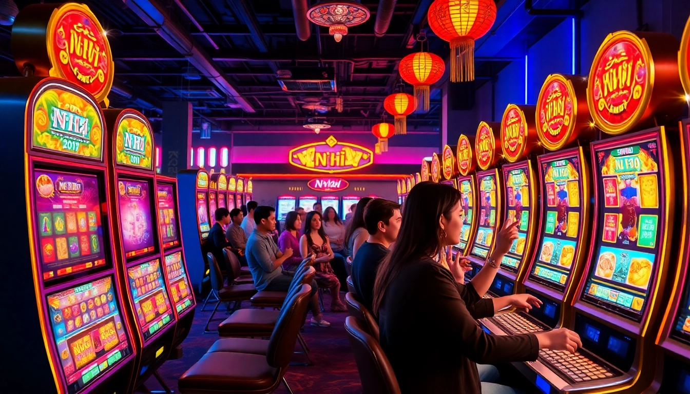 Nổ Hũ slot games showcasing colorful machines and diverse players enjoying the gaming experience