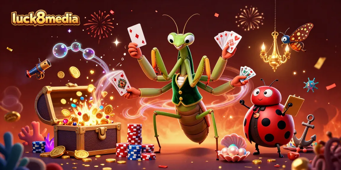 Experience excitement with luck8media featuring a lively 3D casino scene of card play and champagne pouring.
