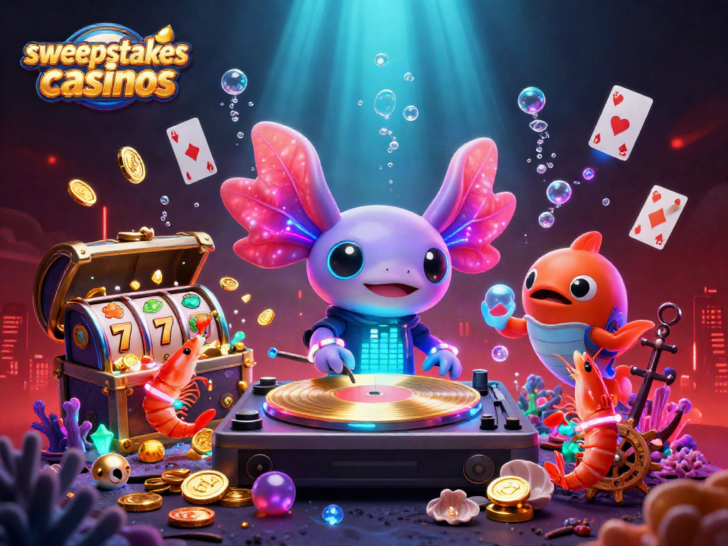 Engage with sweepstakes casinos in dynamic underwater scene featuring colorful casino elements.