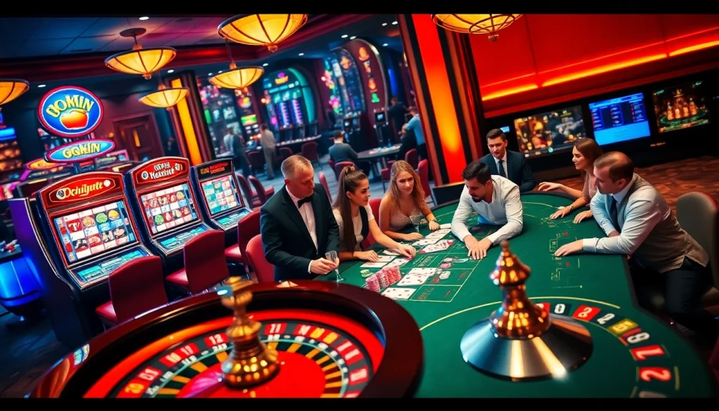 Okwin casino scene showcasing luxury table games, cards, and roulette excitement.