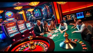 Okwin casino scene showcasing luxury table games, cards, and roulette excitement.