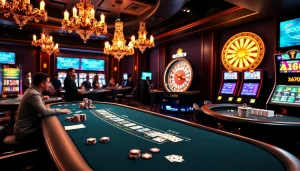 Engaging gaming scene at s666 casino with lively blackjack tables and spinning roulette wheel.