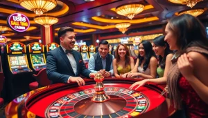Experience thrilling excitement of UU88 gaming at a luxurious casino with roulette and slot machines.