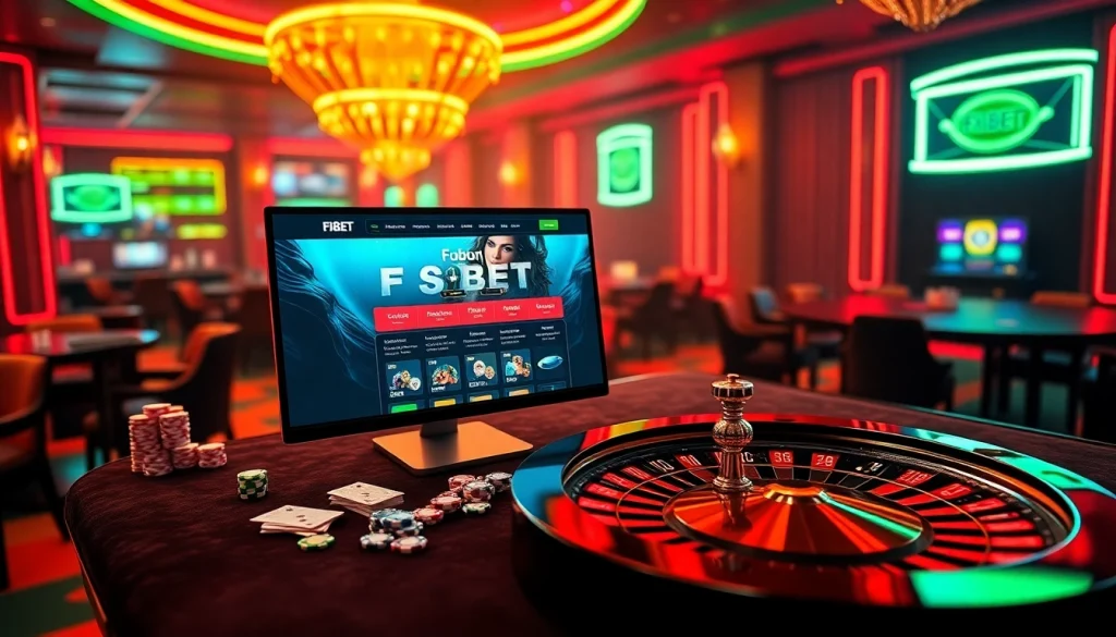 Experience the thrill of f8 bet with an elegant casino scene featuring gaming elements and vibrant colors.
