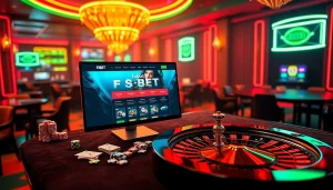 Experience the thrill of f8 bet with an elegant casino scene featuring gaming elements and vibrant colors.
