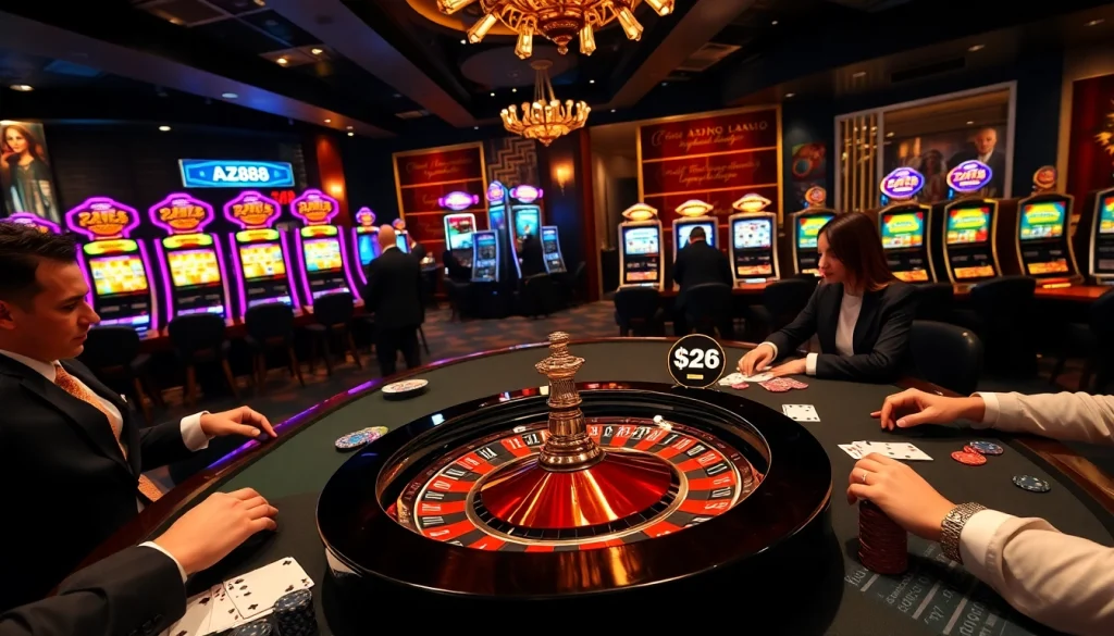 Players enjoying high-stakes poker at AZ88 casino with vibrant chips and roulette wheel.
