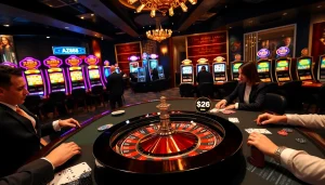 Players enjoying high-stakes poker at AZ88 casino with vibrant chips and roulette wheel.