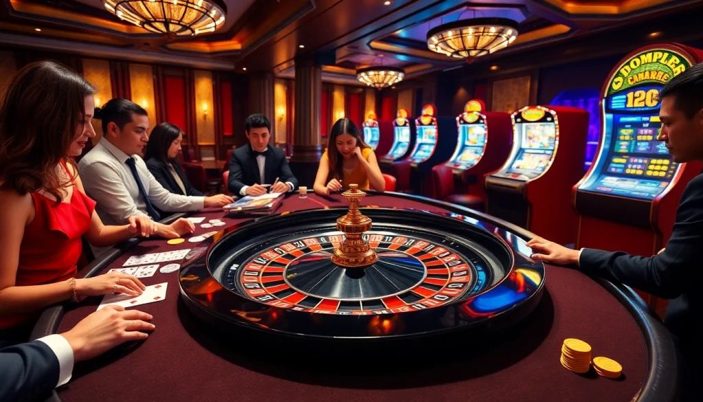 Players enjoying high-stakes games at 32wincasino.com, showcasing roulette, poker chips, and excitement.