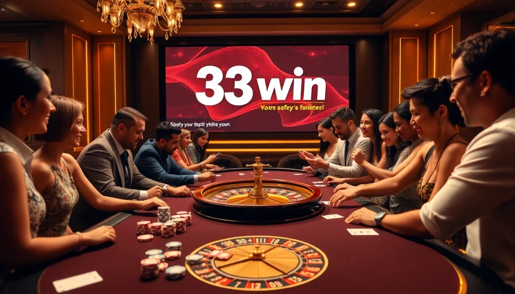 33win casino featuring vibrant gaming tables and engaged players, showcasing excitement and reliability.